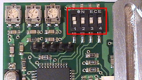 4.) Micro DIP switch settings. The DIP switch contains 4 on/off switches. The meaning of the switches follows: - Switch 1.