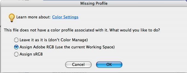 Image Setup Open your desired image. If the image has a no profile, this dialogue box is presented. Select>Assign Adobe RGB.