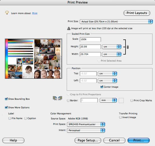 RGB Printing Select>Print Space to obtain the correct Printer Model and Paper profile. Select Rendering Intent.