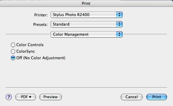 RGB Printing Select>Color Management. Select>Off (No Color Adjustment).