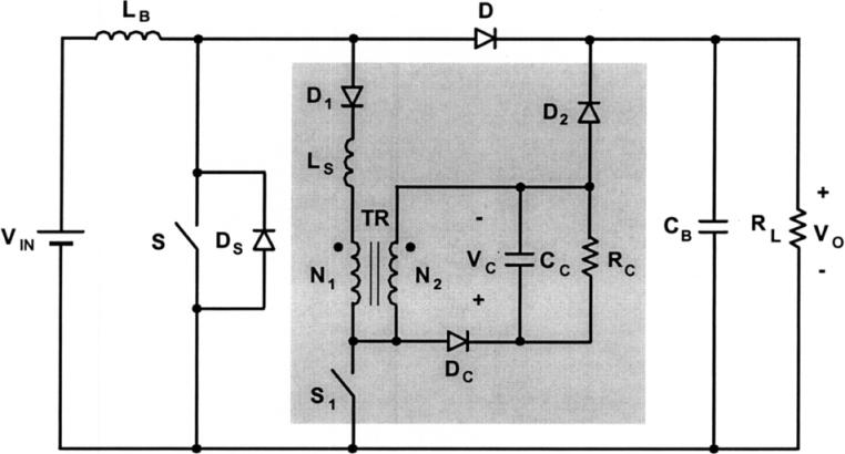 energy-storage capacitor, load, and the active snubber circuit formed by auxiliary switch, snubber inductor, transformer TR, blocking diode, and clamp circuit.