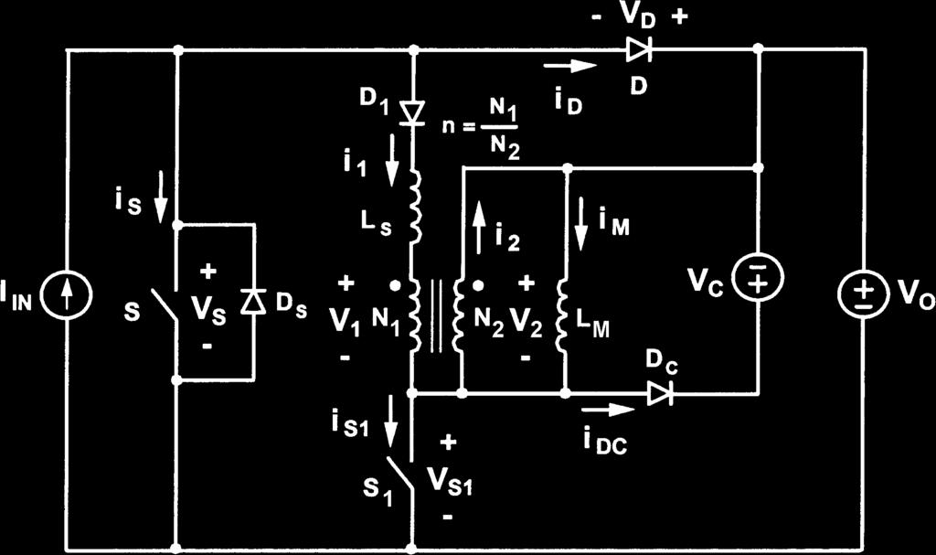 In the simplified circuit, energy-storage capacitor and clamp capacitor are modeled by voltage sources and, respectively, by assuming that the values of and are large enough so that the voltage