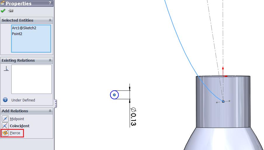 To add the pierce relation, select both the Center of the circle and the sketch of the sweep path
