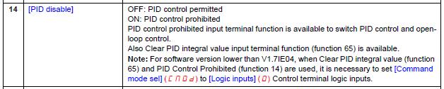 4. The parameter F113 should be set to 14 - [PID Disable] 5.