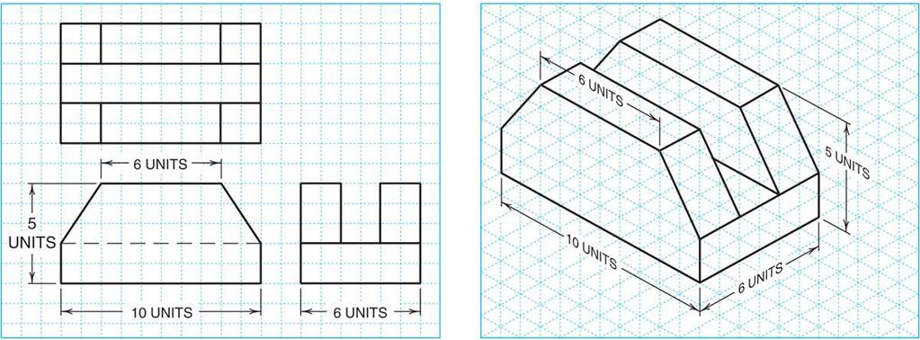 11/12/2015 Example 3 Example 3 (Answer) The following figure shows the top, front and right-side views of a part in Third Angle Projection. Draw an isometric view of the part in full scale.