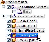 Lesson 2 Introduction to creating assemblies Use PathFinder to review the assembly relationships In the top pane of PathFinder, click the Screw2.par:1 entry, as shown above.