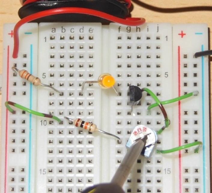 LED will light/brighten Turning other direction LED will dim/go out By varying the Base voltage [called the Bias] a Transistor may be turned On and Off Use a Potentiometer [in the kit] to vary the