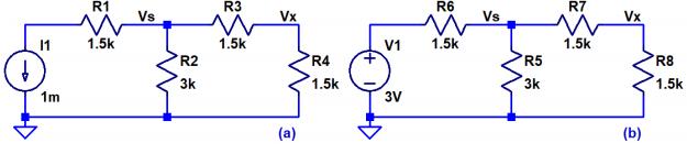 Fig. 1-16 17. Find the voltages Vs and Vx and the current through R2 and R5 in each of the following circuits. Verify your hand calculations using LTspice. Fig. 1-17 18.