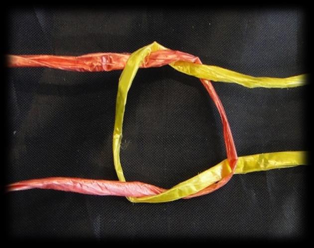 On the left-hand side, both the red strands run under the yellow loop (white arrows). This is a granny knot. It is not secure. Compare it to the square knot above.