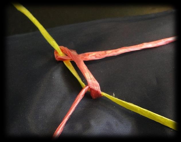 On the left-hand side, one red strand runs over the yellow loop and one runs under (white arrows). Avoid creating granny knots by always following the correct technique.