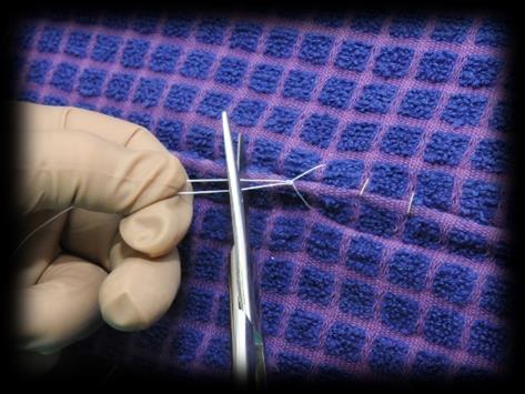 Each time: Place the needle holders over the incision and knot, wrap the suture material once around the