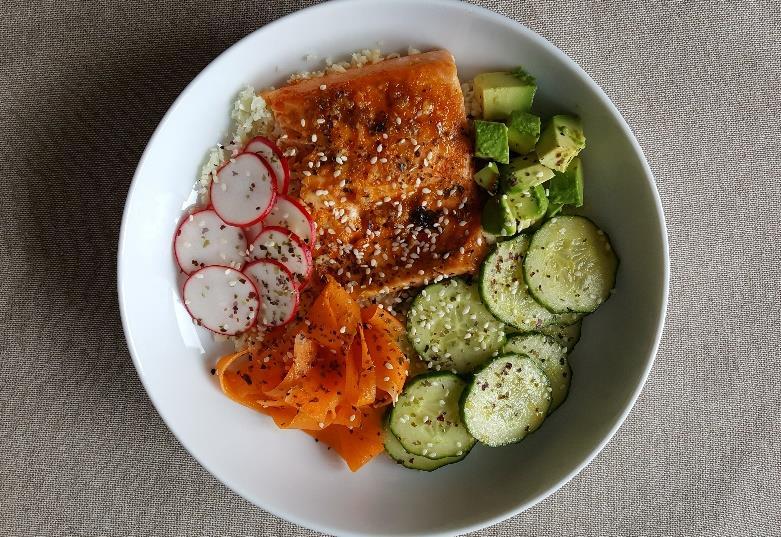 Spicy Salmon Sushi Bowl This recipe is a great take out make over. Skip the white rice and replace with brown rice or cauliflower rice for a grain free option.