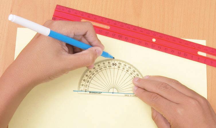Use a ruler and protractor. hoose a point on the line segment. Place the centre of the protractor on the point. Align the base line of the protractor with the line segment. Mark a point at 90.