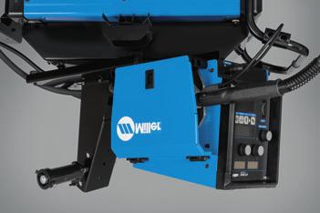 swivels for convenience and function: Feeder moves with the MIG gun allowing operator to see the front of the feeder, and be sure