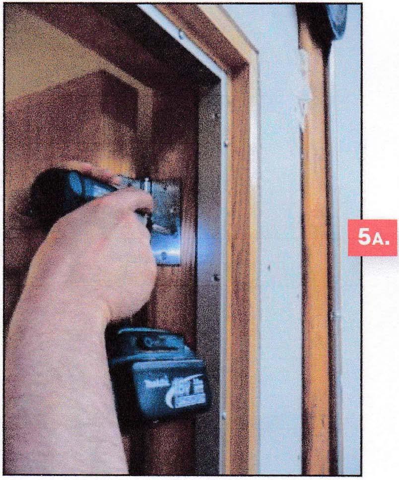 5. Remove (2) screws per hinge closest to door stop. Pre-drill and install heavy duty hinge screws provided into two hinge holes as shown.
