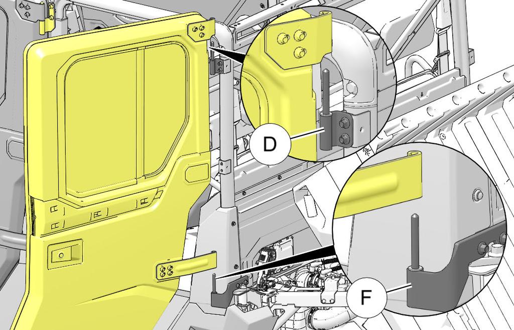 6. Install LH rear door assembly q on lower hinge F first, then upper hinge D. Lower hinge pin is longer than upper hinge pin to assist in door installation. 8.