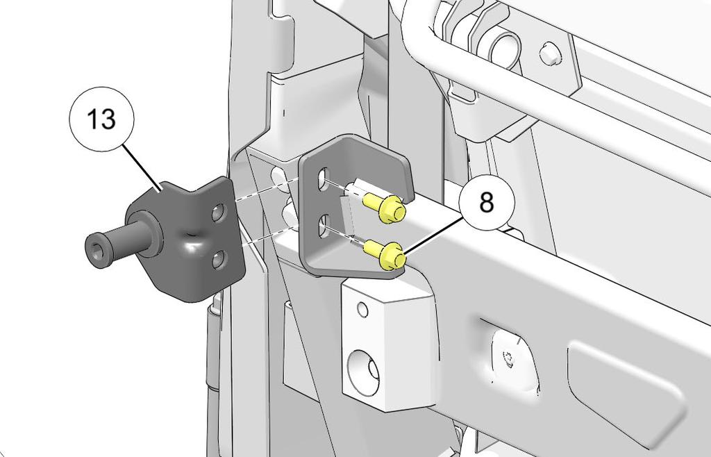 c. Install LH striker bracket f to chassis using two screws i. Center bracket in slots, then tighten screws. 11. Torque striker screws i to specification. 17 ft. lbs. (23 Nm) ± 10% 12.