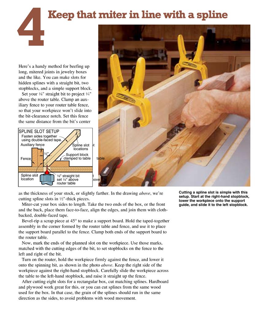 4 Keep that miter in line with a spline Here s a handy method for beefing up long, mitered joints in jewelry boxes and the like.