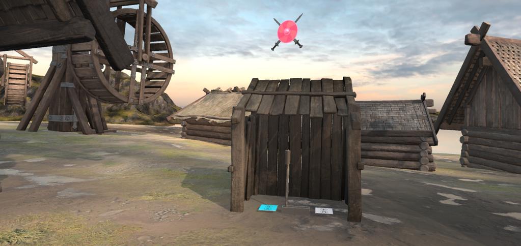 Figure 1: A screenshot from the game environment. An interaction zone is marked with a floating red marker. extend previous preliminary findings discussed in a prior poster abstract [30].