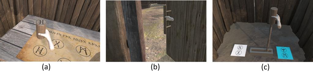 Physical Hand Interaction for Controlling Multiple Virtual Objects in Virtual Reality Figure 4: Three different types of interactions in the game: (a) Moving a puzzle piece during symbol matching,