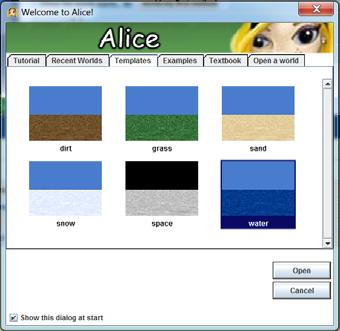 With Alice, you can make your own animations, using tons of different characters. Our first step is to choose a background.