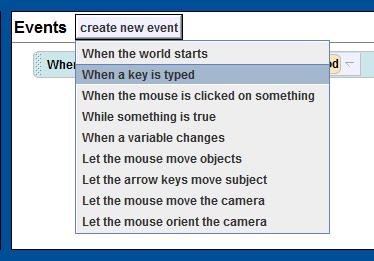 We want to make S actually prompt the surprise method. Select create new event in the event editor (top right), then choose When a key is typed.