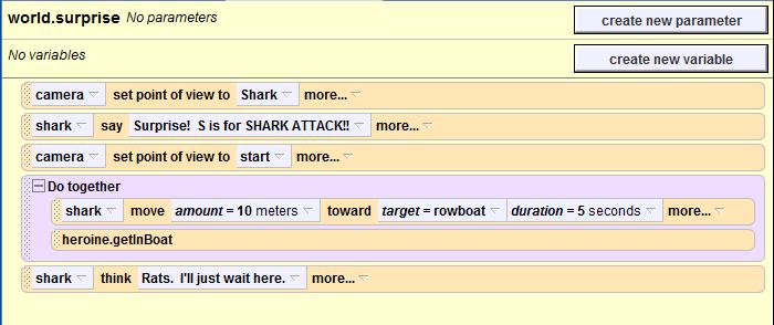 Click on shark in the object tree, and drag shark think into the method editor.