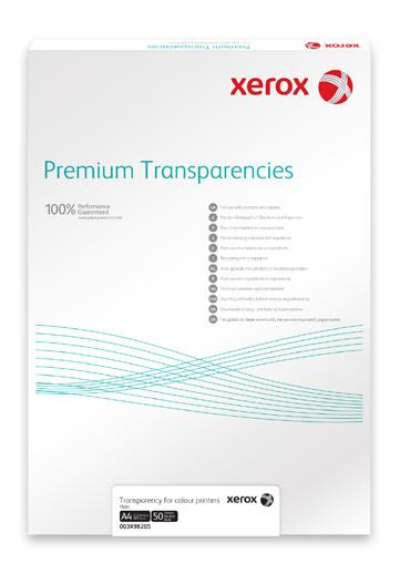 Transparencies Premium Transparencies The Xerox Premium Transparency range has been developed to give the widest compatibility, a full range of formats and a premium quality.
