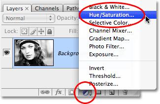 Select A Hue/Saturation adjustment layer from the bottom of the Layers palette. This brings up the Hue/Saturation dialog box.