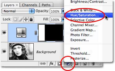 Click on the New Adjustment Layer icon and choose Hue/Saturation.