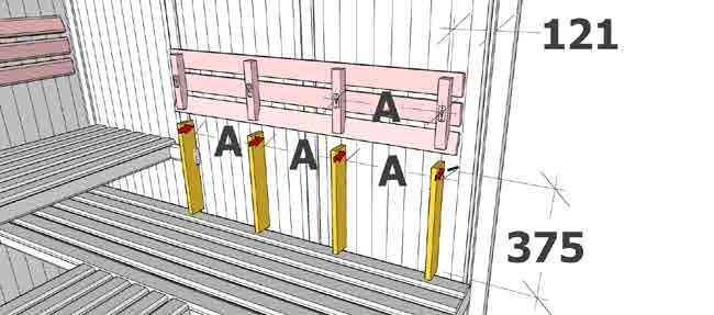 Use pieces of corner mould as 19mm spacers. v. The back rests are to be positioned 75mm from an adjacent wall. Mark with a pencil at 121mm from the adjacent wall and 375mm up from the bench.