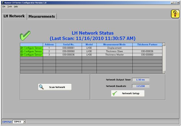 LH Network and Measurements LH Network Tab This screen is used to verify network status including all the sensors on the network.