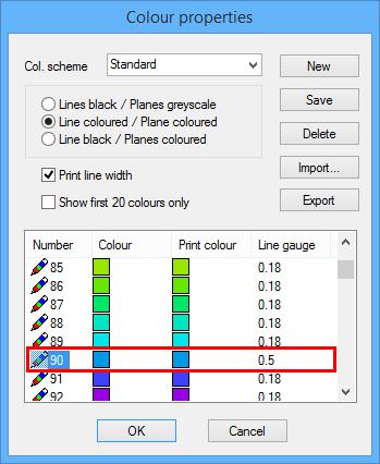 If the axis lines "wider" and "coloured" need to be displayed, this cannot be carried out using only view settings. The axis line is drawn as standard with pen 5 and line type 6.