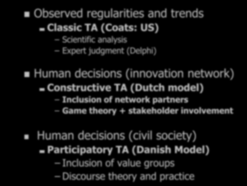 TA (Dutch model) Inclusion of network partners Game theory + stakeholder involvement Human
