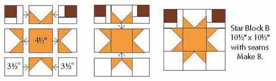 (D) Star Block B: Select 4 matching star points, the matching 4½" square, 2 pieced star corners, and 2-3½"