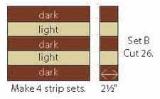 Cut 26 units, 2½" wide (B) Strip set B: Sew 2 light and 3 dark-2½" x 22" Jelly Roll strips, together as shown.