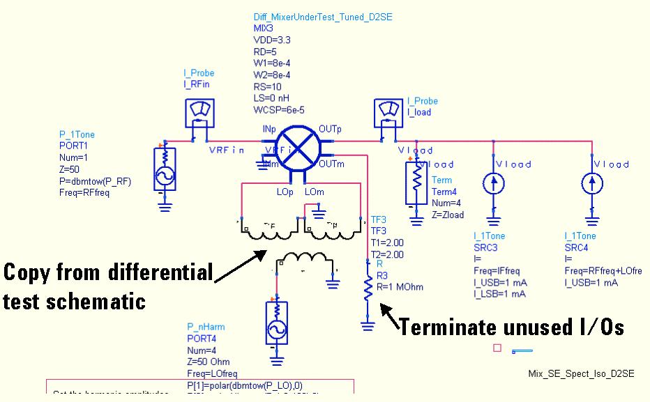 obtain a differential LO, a transformer and source were copied from a differential test schematic and pasted into this schematic. Fig.
