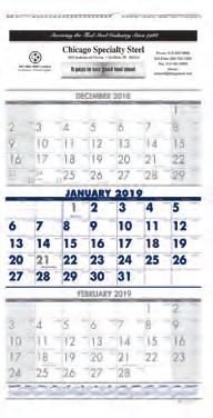 5" 35 Reminder Wall Calendar Size: 9 months, September 8 - December 9 Block size: /4 Past & Future months on each page Vinyl holder in black (-0) or blue (-0), with eyelet Two clear corners Hot