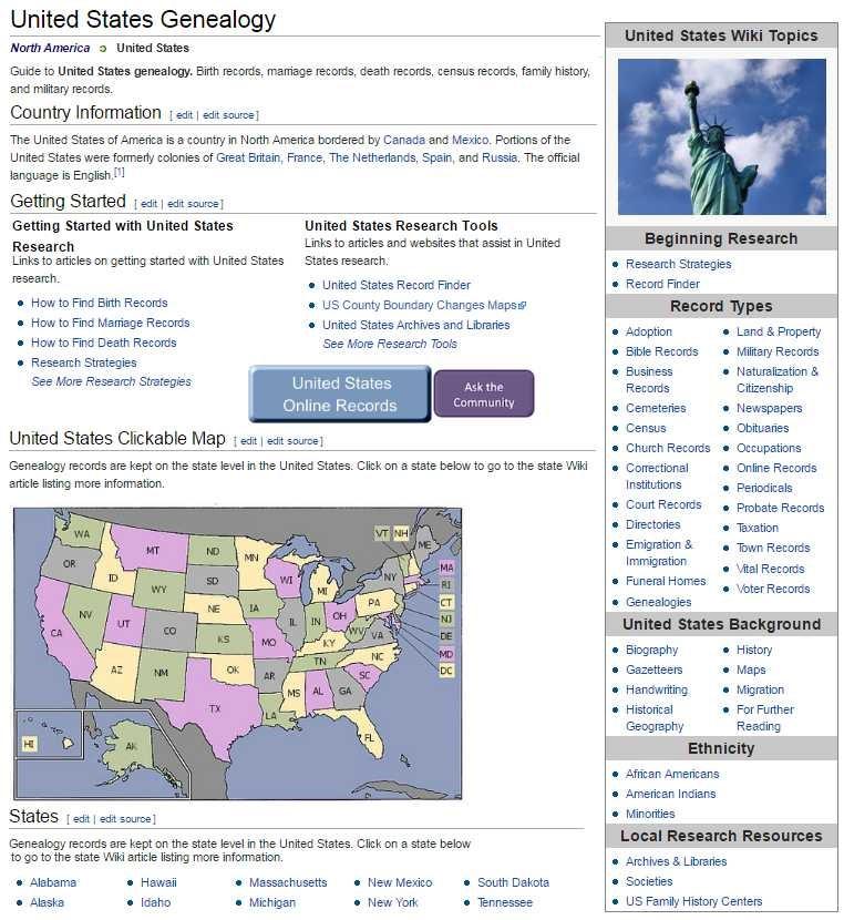 Click the name United States or United States on the map.. The United States Genealogy Page opens. All country pages will show similar information.