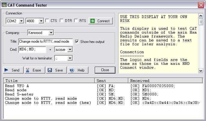 Send - sends a command to the radio. Erase - clears the contents of the results window. Save - saves the contents of the results to a file in ASCII format.