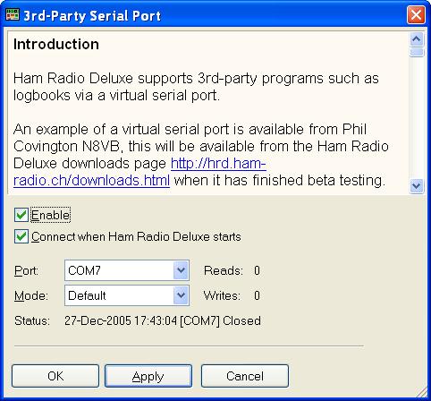Configuring Select 3 rd -Party Serial Port from the Tools menu. Enable opens the connection on the selected port in this case COM7.