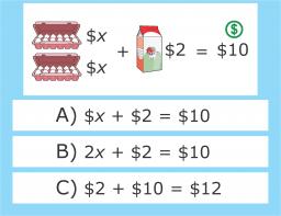 CC.2.2.HSD1a: Select an algebraic expression using any of the four operations and solve a real-world problem Here are some equations: This is '$x+$2=$10,' '$2x+$2=$10,' and '$2+$10=$12.