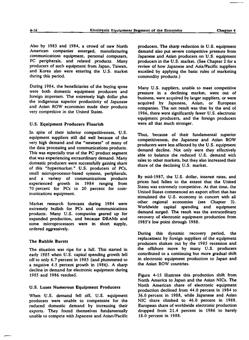 4-16 Electronic Equipment Segment of the Economy Chapter 4 Also by 1983 and 1984, a crowd of new North American companies emerged, manufacturing communications equipment, personal computers, PC