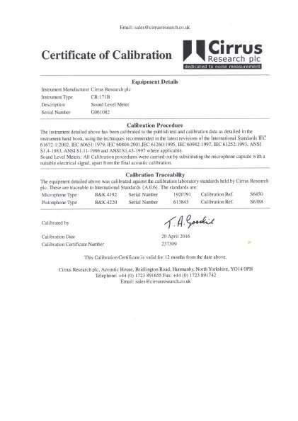 Appendix III Calibration Certificates