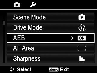 Setting the AEB AEB stands for Automatic Exposure Bracketing. It permits 3 consecutive images in the order of standard exposure, under exposure and overexposure compensation. To set AEB 1.