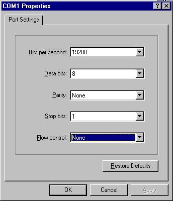 3 of 5 Figure 3 - Windows NT Hyper Terminal Settings Dialog Box Power up the modem and press <CTRL> C three times to obtain a prompt. If no prompt appears, try different baud rate settings.