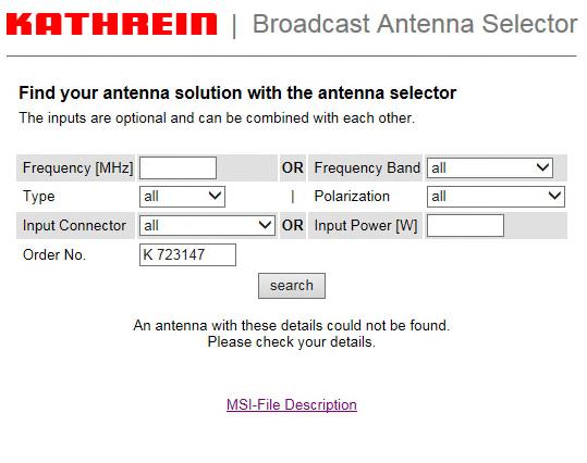Antenna Selector No antenna found because of blank in the entry field "Order No." Do not use blanks!
