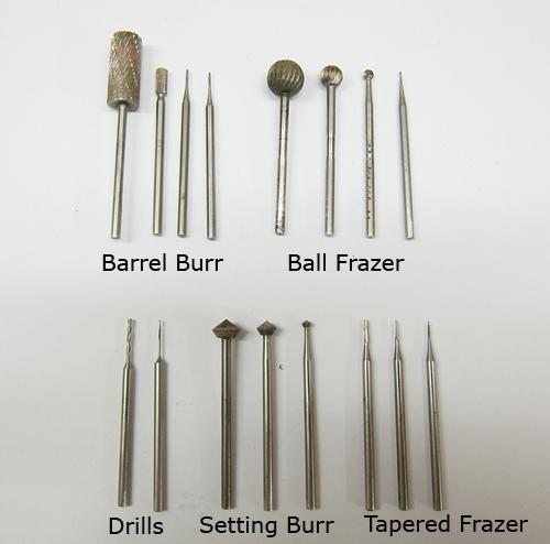 Here are some samples of the burrs most often mentioned in my tutorials. The barrel burrs come in many sizes. As a professional, I use barrel burrs, ball frazers and setting burrs from 11 mm to 0.