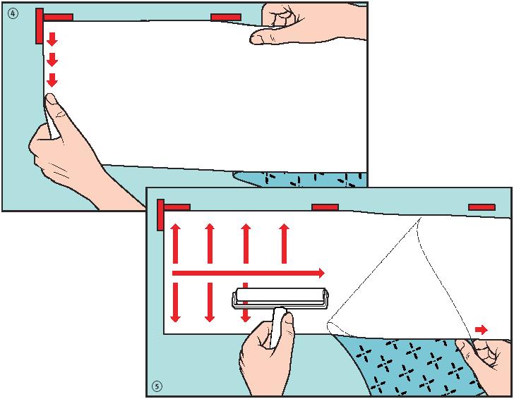 plastic squeegee, rubber roller, adhesive tape 2.2 Strips (long, narrow stickers) 1. Clean and dry the surface to which the sticker is to be applied. 2. Use pieces of adhesive tape to mark the position of the top left-hand corner and top edge of the sticker.