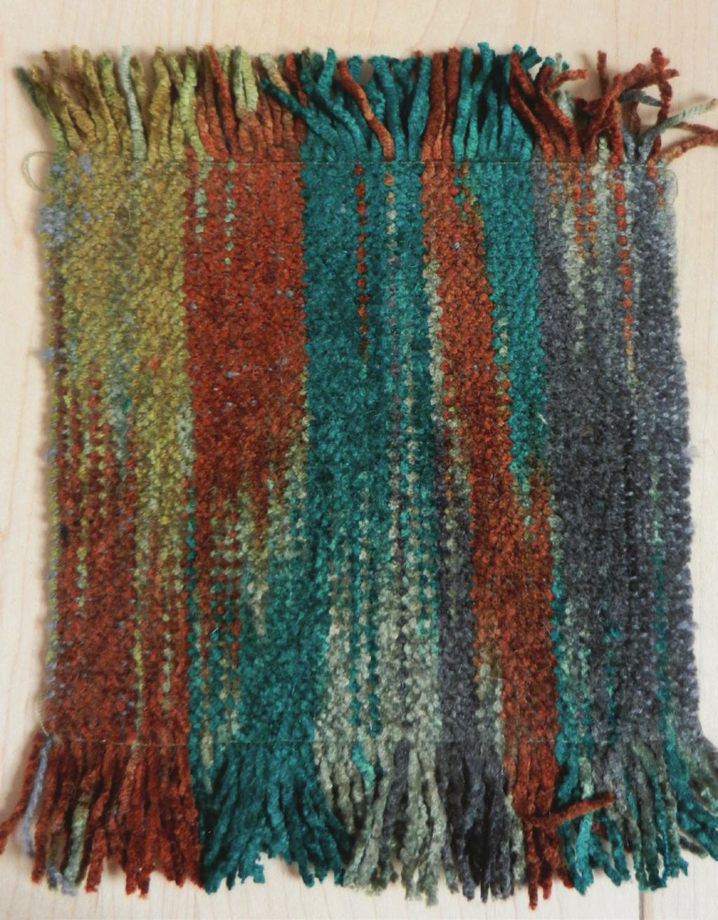 Loom #3 FALSE IKAT Fiber: Rayon Chenille EPI: 20 Width: 5 Total number of ends: 100 Reed Size: 12 dent Refer to Bonnie Tarses YouTube video for instructions on winding your warp https://youtu.